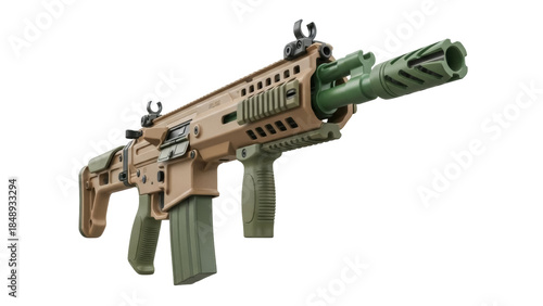 Isolated firearm, military-grade assault rifle with a forward grip and an olive drab suppressor