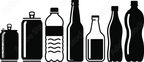 Black and White Vector Silhouettes of Various Plastic Bottles, Glass Bottles and Aluminum Cans, Recycling Waste, Beverage Packaging, and Environmental Pollution Icon Set