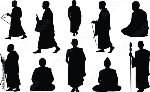 Buddhist monk silhouette collection, walking standing and kneeling meditation poses, spiritual religious people set, black vector monk figures isolated on white background