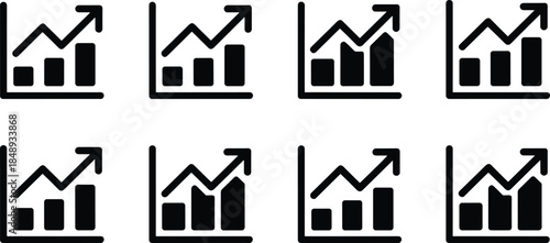 Business growth chart icon set, upward arrow bar graph symbols collection, financial analytics and statistics concept, black vector infographic icons isolated on white background