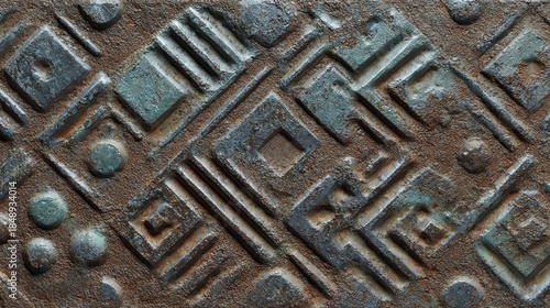 Close-up of aged, geometric relief patterns, displaying diamond, square, & circular elements with oxidized patina
