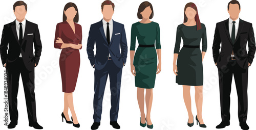 Business people vector illustration set, elegant men and women in formal office wear, professional corporate fashion characters, modern flat design isolated on white
