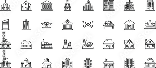 Architecture and city building line icon set featuring churches, government buildings, factories, schools, houses, landmarks, and urban structures