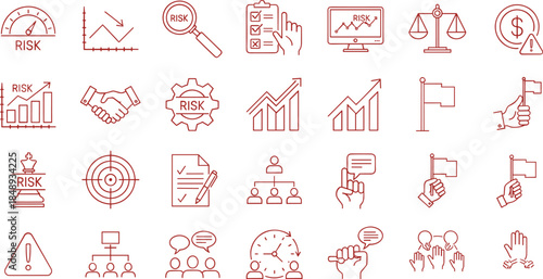 Business risk management line icon set featuring analysis strategy warning finance compliance decision outline symbols vector collection