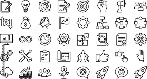 Business strategy and management line icon set featuring innovation analytics finance workflow productivity growth outline symbols vector collection