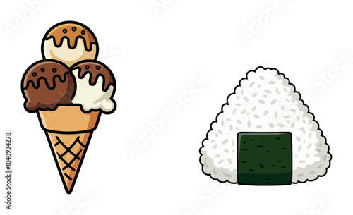 Ice cream cone and onigiri rice ball with chocolate vanilla caramel and seaweed icecream riceball