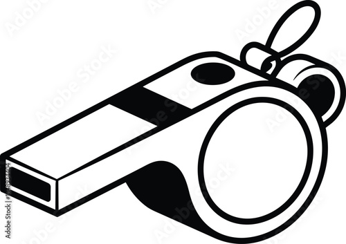 Classic referee whistle illustration, black and white sports signal vector icon for football, soccer, coaching, referee equipment, game control concept