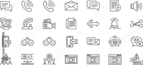 Communication and messaging line icon set featuring chat email phone notifications social media support outline symbols vector collection