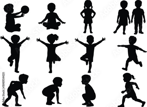 Children silhouette activity collection, kids playing, jumping, running and sitting poses, happy childhood actions, black vector illustration set isolated on white background