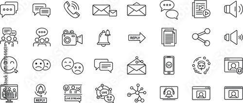 Communication and social media line icon set featuring chat email phone livestream notifications support outline symbols vector collection