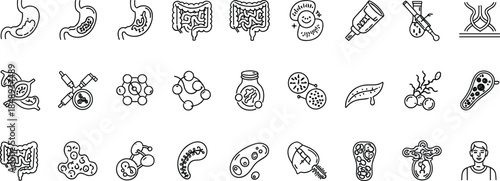 Digestive system and gut microbiome line icon set featuring stomach, intestines, bacteria, probiotics, medical research, and gastrointestinal health symbols