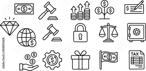 Finance business and investment line icons set featuring money growth legal banking tax security global economy vector illustration collection