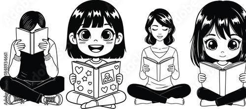 Four children seated in a small circle, sharing and reading books together, showing friendship, curiosity, and a joyful learning atmosphere.