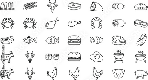 Food and meat line icon set featuring beef, pork, chicken, seafood, sausages, burgers, barbecue, and butcher shop products
