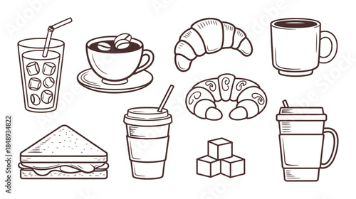set Of drinks snacks and croissants a white background outline minimal