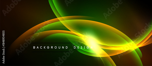Abstract glowing lines create dynamic composition. Green, orange hues blend, forming elegant curves. Background features text elements.