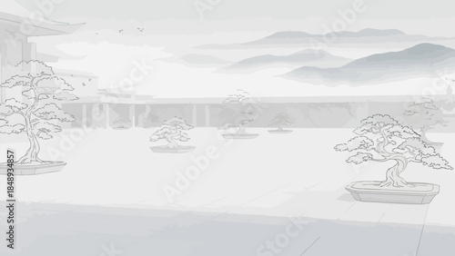 Serene japanese zen garden landscape illustration with meticulously shaped bonsai trees, traditional architecture, and misty mountains in the background, evoking