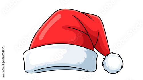 Classic red santa claus hat with white fluffy trim and pompom illustration, festive christmas holiday symbol