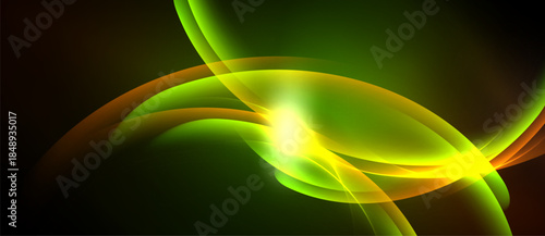 Abstract design features vibrant green, yellow, orange curves. Light radiates from central point, creating dynamic visual effect. Smooth gradients dominate composition.