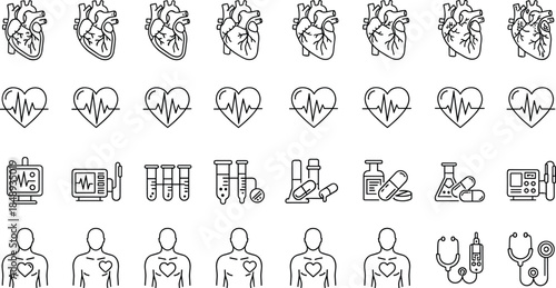 Medical line icon set featuring heart anatomy, ECG heartbeat, healthcare equipment, laboratory tests, diagnostics, cardiology symbols, and patient monitoring illustrations