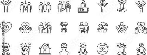 Mental health and emotional wellbeing line icon set featuring support care mindfulness therapy psychology outline symbols vector collection