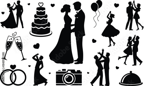 Elegant wedding celebration silhouettes, bride and groom dancing, romantic love elements, cake, rings, champagne, photography icons, black and white vector illustration
