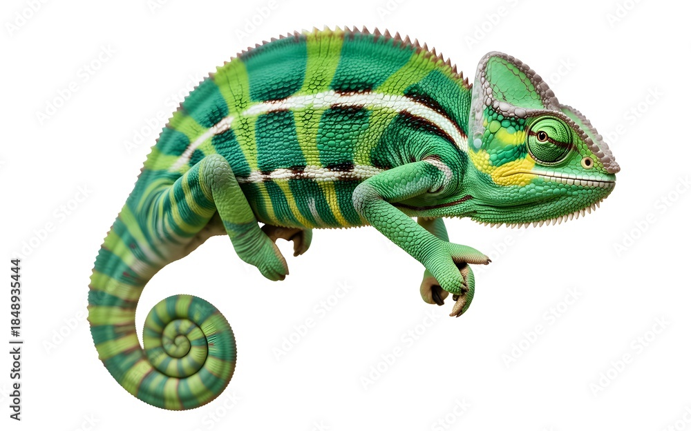 Obraz premium Vibrant green chameleon exotic reptile close up tropical pet studio shot white background detailed scales texture amazing animal wildlife photography captivating