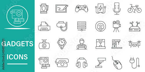 Set of gadget line icon collection. Electronic 24 icons related to tablet, technology, computer, digital, smartwatch, drone, headphones, digital camera, smart TV, gaming and more.