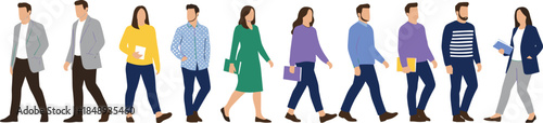 Business People Walking Vector Illustration Set Showing Diverse Professionals Carrying Documents in Casual Office Attire for Corporate, Teamwork, and Workplace Lifestyle Design Projects