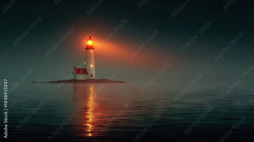 Fototapeta premium Misty night, lighthouse beacon shines