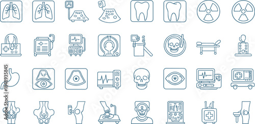 Medical Healthcare Line Icon Vector Set Featuring X Ray, MRI, Ultrasound, Dental, Anatomy, Hospital Equipment, and Diagnostic Symbols for Clinical and Health Design Projects