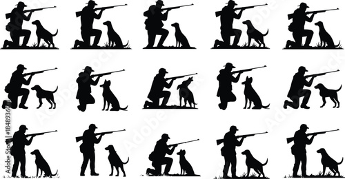 Hunter and dog silhouette collection, kneeling shooting poses with rifle, outdoor hunting activity illustration, black vector set isolated on white background