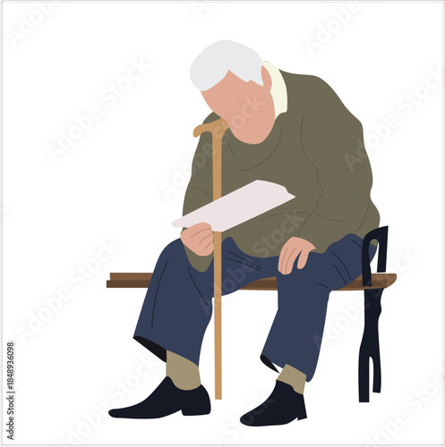 grandfather using a cane sitting in a chair reading. Elderly man enjoying book on park bench 


