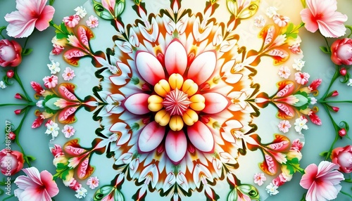 Symmetrical spring mandala incorporating delicate Easter eggs, stylized bunnies, and blooming flowers in pastel tones,  design,  symmetrical