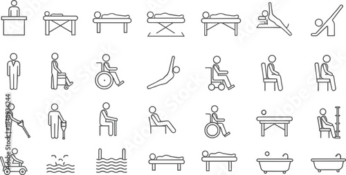 Physical Therapy and Rehabilitation Line Icon Vector Set Showing Patients, Exercises, Medical Equipment, Wheelchairs, Treatment Tables, and Recovery 