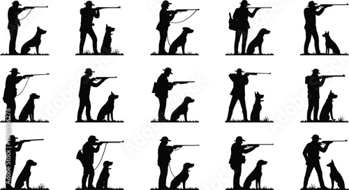 Hunting silhouettes collection with man and dog, rifle shooting poses, outdoor sport illustration, wildlife hunter teamwork, black vector set isolated on white