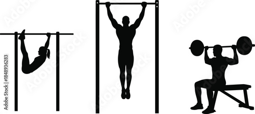Gym workout silhouette collection with pull ups hanging exercises and barbell bench press strength training flat vector illustration isolated on white background for fitness design