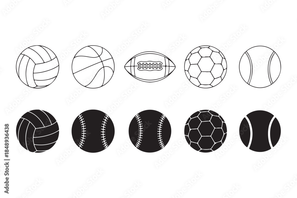 Obraz premium Collection of various sports balls icons on vector illustration