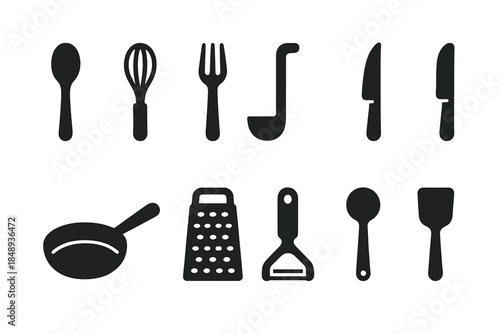 Kitchen utensils silhouette icon set. Cooking tools silhouette design collection