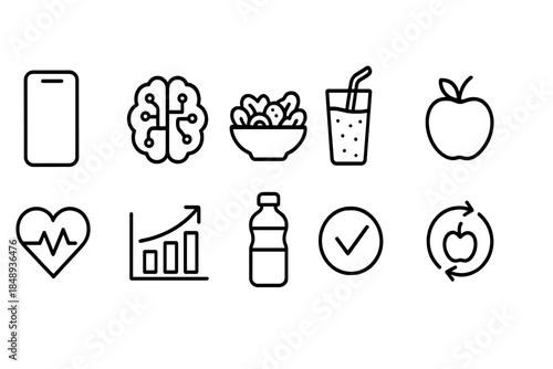 Health and wellness line icon set. Nutrition, exercise, heart health outline icons