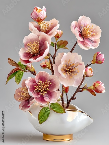 Delicate pink blossoms arranged in modern white vase high resolution image
