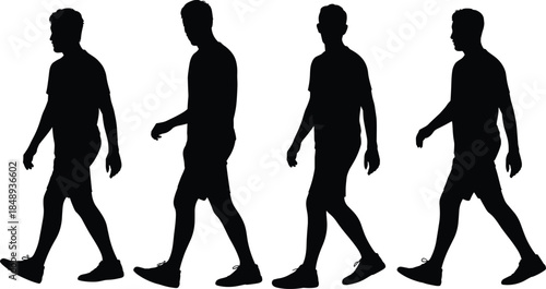 Male walking silhouette sequence, human motion cycle illustration, side view figures, black vector people animation poses isolated on white background