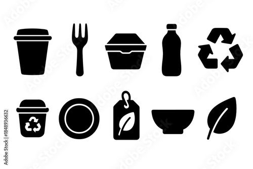 Eco-friendly recycling silhouette icon set. Waste management, sustainability symbols
