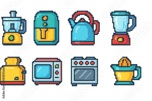 Kitchen appliances icon set. Retro pixel style flat collection for culinary themes