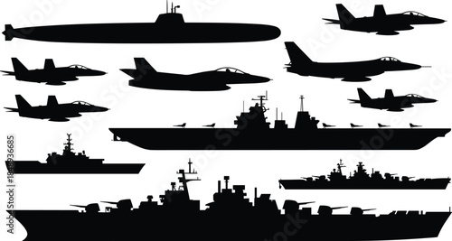 Modern naval warfare silhouettes featuring aircraft carrier, destroyer, battleship, submarine, and fighter jets, military fleet vector illustration isolated on white background
