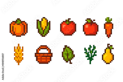 Pixel, vegetables flat icon set. Retro, farming, pixel art vegetable icons collection
