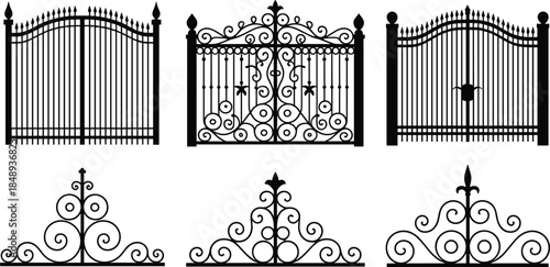 Ornamental wrought iron gate silhouettes collection, decorative metal fence designs with classic scrollwork, vintage entrance architecture, black vector set isolated on white