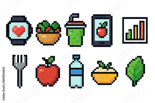 Health and food pixel icon set. Nutrition and fitness in pixel art style