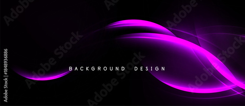 Dark background features vibrant purple waves. Smooth curves create dynamic abstract design. Minimalist aesthetic, modern feel.
