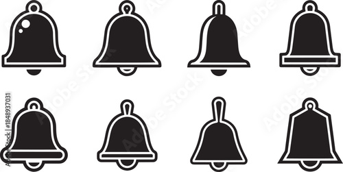 Notification Bell Icons Set – Alert, Mute and Ring Symbols in Black and White